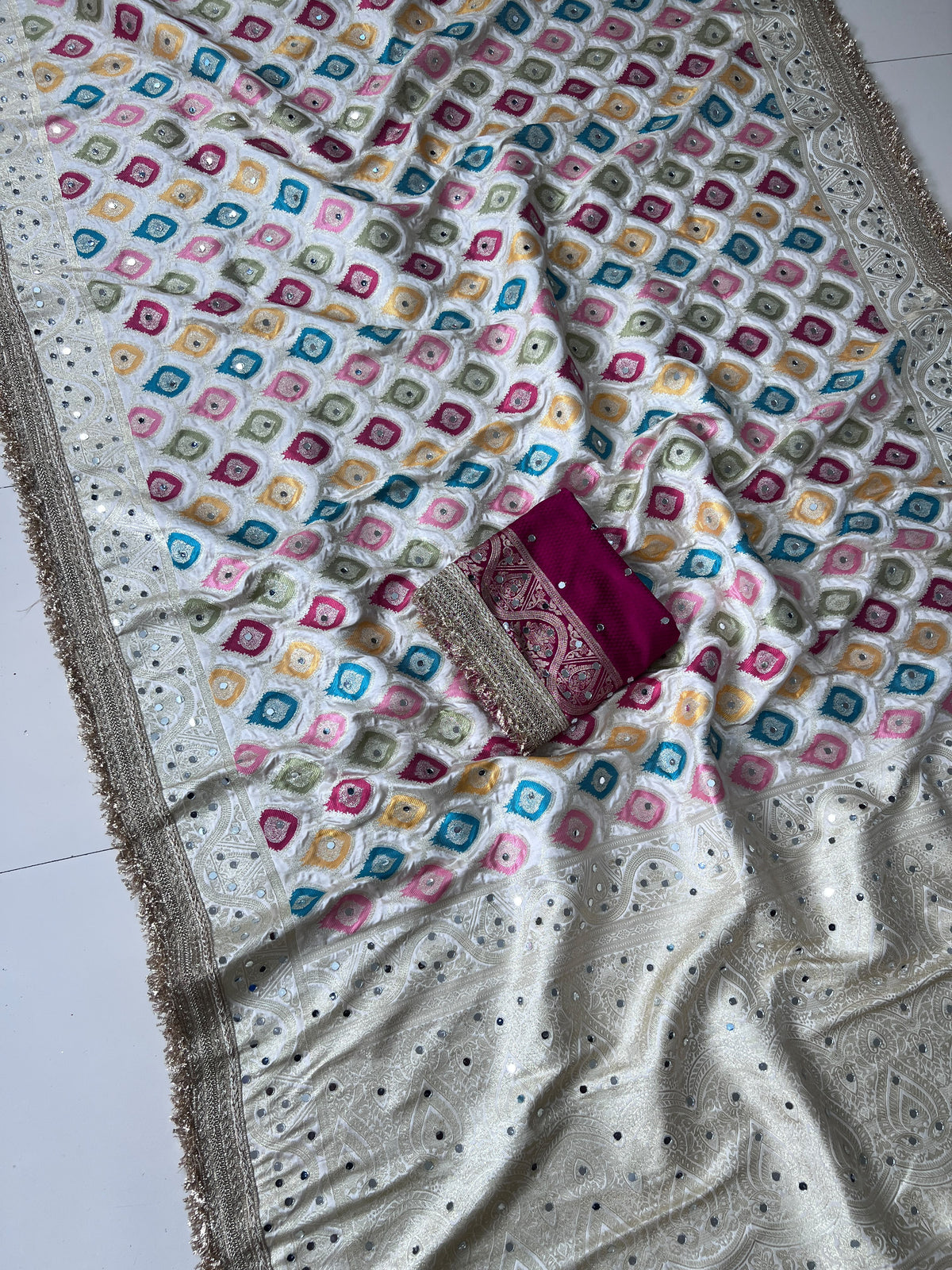 Rangkart Silk Real Mirror Work and Jaipuri Border Saree