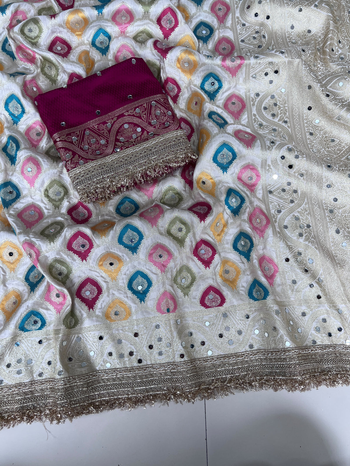 Rangkart Silk Real Mirror Work and Jaipuri Border Saree