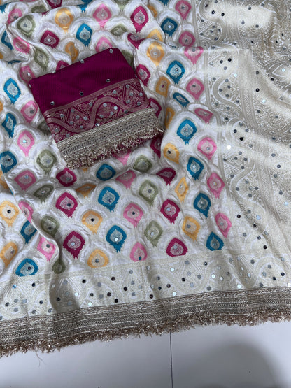 Rangkart Silk Real Mirror Work and Jaipuri Border Saree
