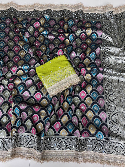 Rangkart Silk Real Mirror Work and Jaipuri Border Saree