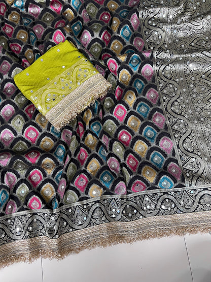 Rangkart Silk Real Mirror Work and Jaipuri Border Saree