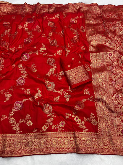 Karwa Chauth Special Traditional Red Saree with Unstitched Blouse