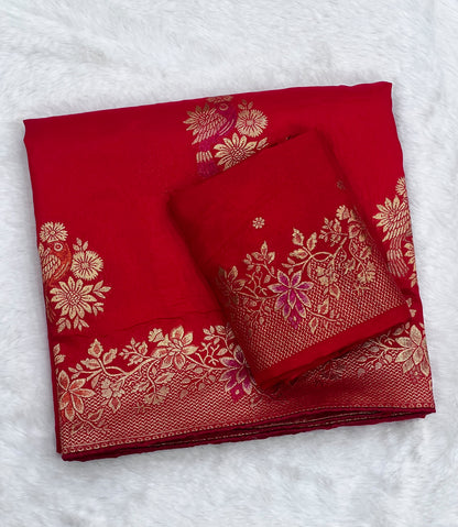 Karwa Chauth Special Traditional Red Saree with Unstitched Blouse