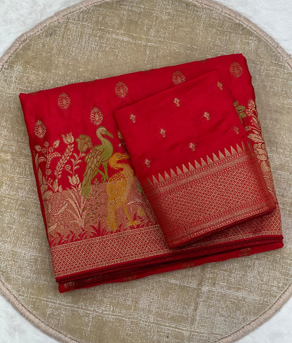 Karwa Chauth Special Traditional Red Saree with Unstitched Blouse