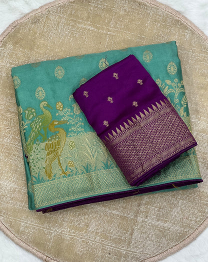 Satin Silk Meenakari and Banarasi Zari weaving Saree with Unstitched Blouse