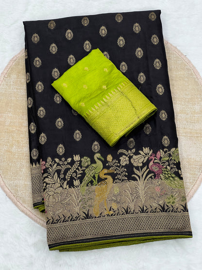 Satin Silk Meenakari and Banarasi Zari weaving Saree with Unstitched Blouse