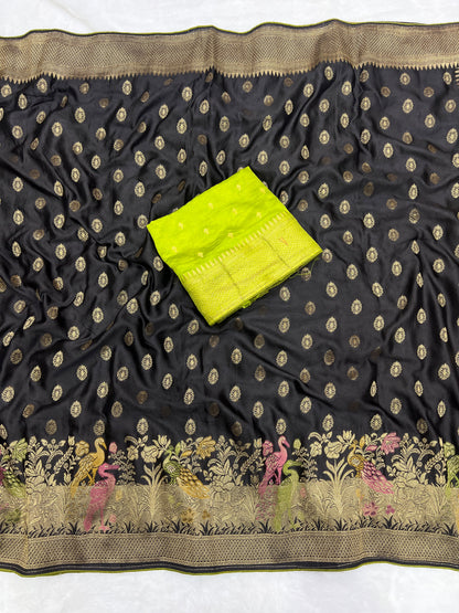 Satin Silk Meenakari and Banarasi Zari weaving Saree with Unstitched Blouse