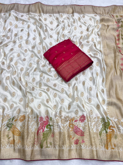 Satin Silk Meenakari and Banarasi Zari weaving Saree with Unstitched Blouse