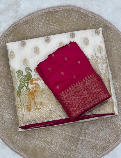 Satin Silk Meenakari and Banarasi Zari weaving Saree with Unstitched Blouse