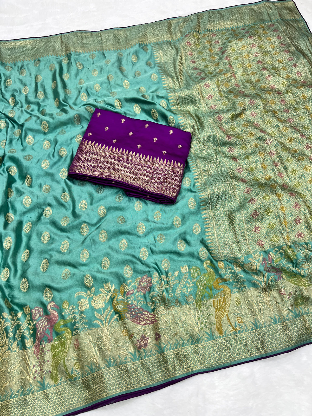 Satin Silk Meenakari and Banarasi Zari weaving Saree with Unstitched Blouse