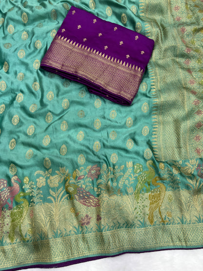 Satin Silk Meenakari and Banarasi Zari weaving Saree with Unstitched Blouse