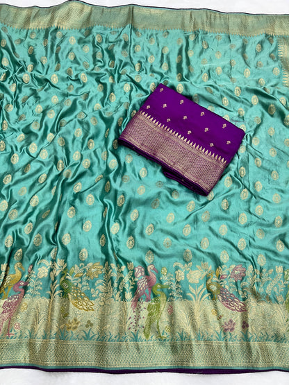 Satin Silk Meenakari and Banarasi Zari weaving Saree with Unstitched Blouse