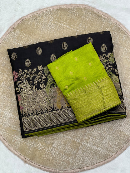 Satin Silk Meenakari and Banarasi Zari weaving Saree with Unstitched Blouse