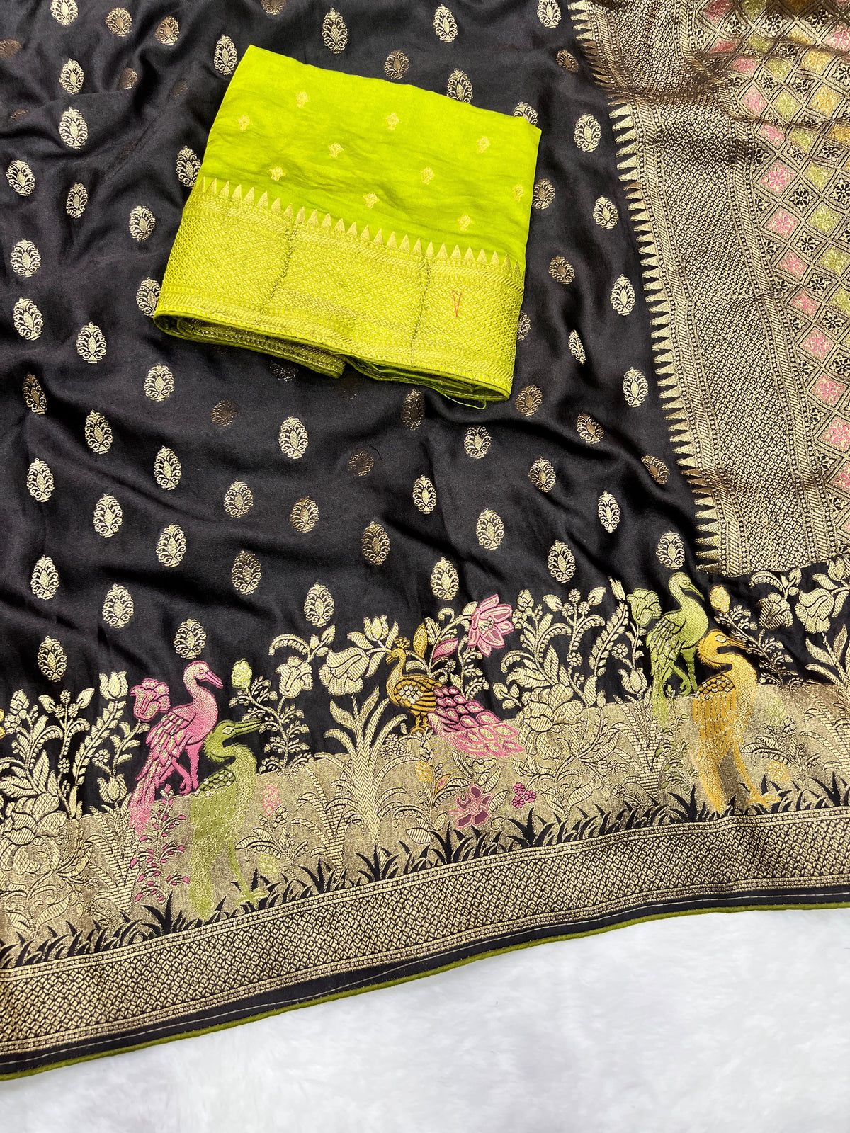 Satin Silk Meenakari and Banarasi Zari weaving Saree with Unstitched Blouse