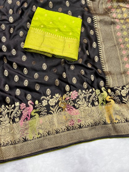 Satin Silk Meenakari and Banarasi Zari weaving Saree with Unstitched Blouse
