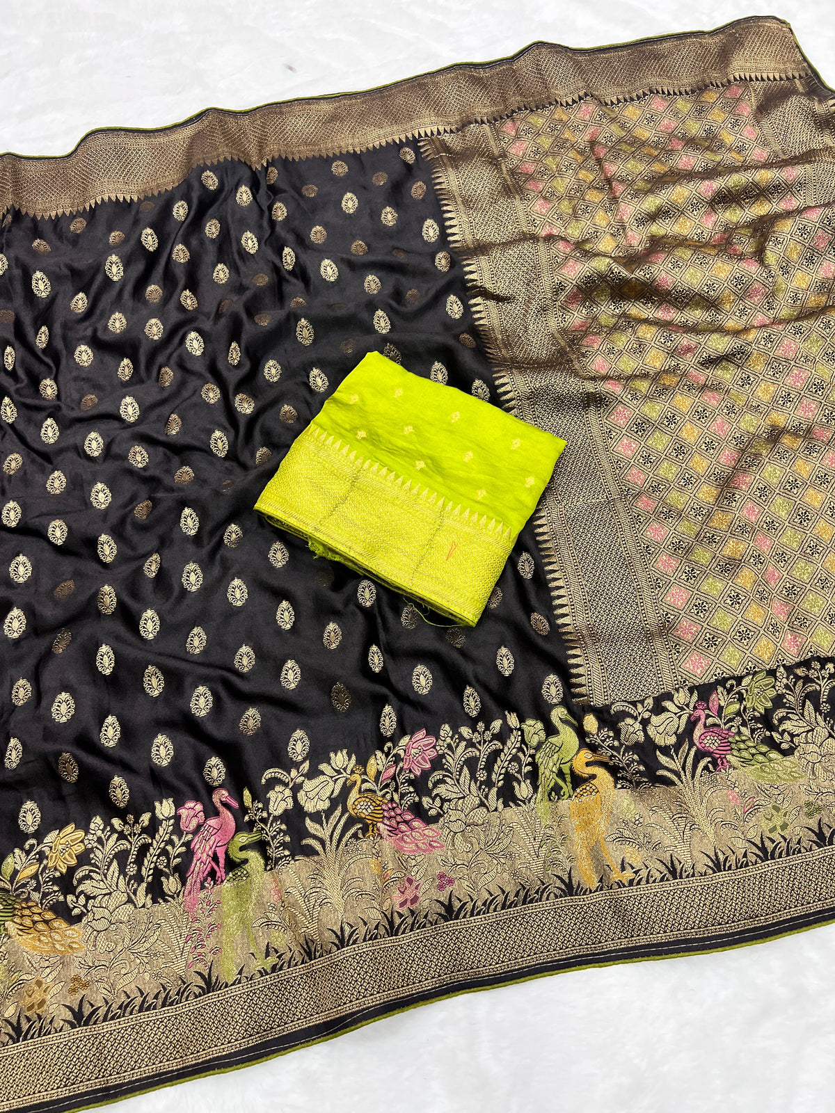 Satin Silk Meenakari and Banarasi Zari weaving Saree with Unstitched Blouse