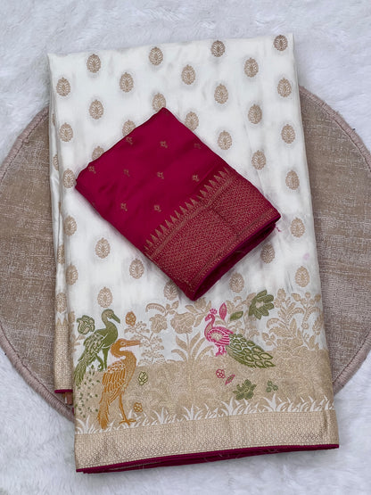Satin Silk Meenakari and Banarasi Zari weaving Saree with Unstitched Blouse