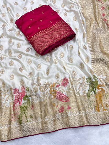 Satin Silk Meenakari and Banarasi Zari weaving Saree with Unstitched Blouse