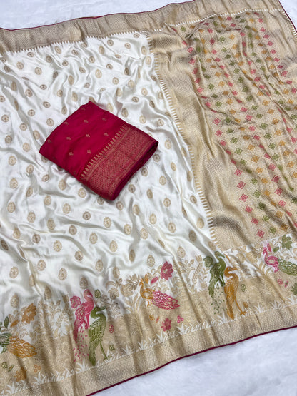 Satin Silk Meenakari and Banarasi Zari weaving Saree with Unstitched Blouse