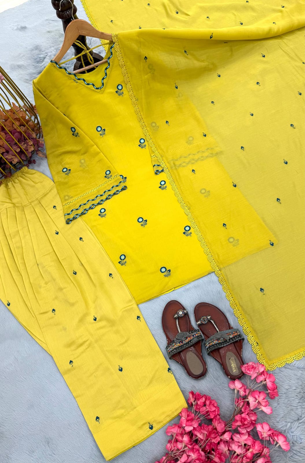 Designer Party Wear Look Mul Chandheri & Farshi Palazzo With Dupatta set