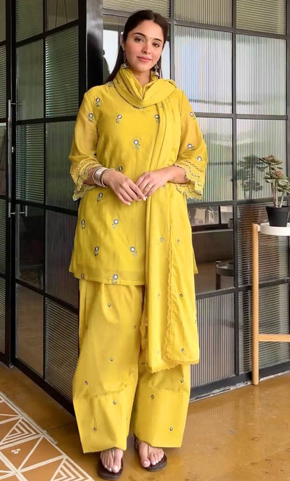 Designer Party Wear Look Mul Chandheri & Farshi Palazzo With Dupatta set