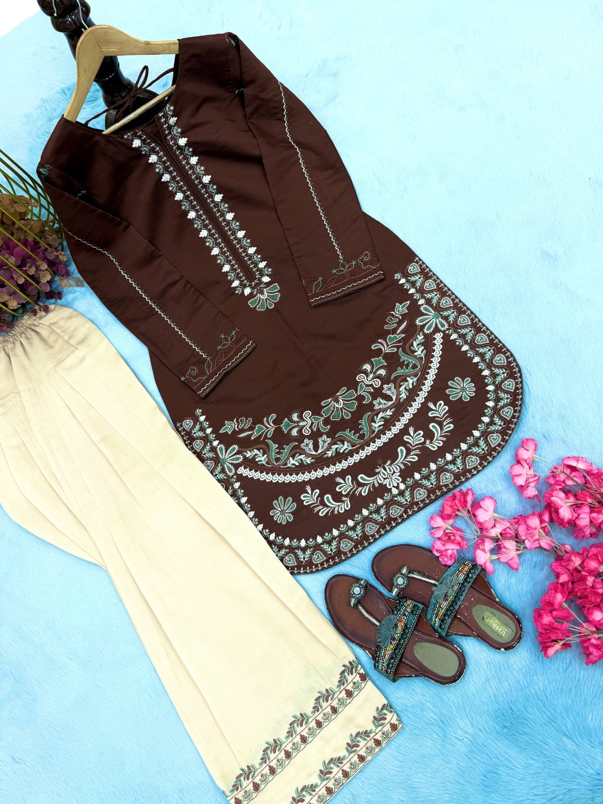 Designer Party Wear Look Roman Silk & Farshi Palazzo Set
