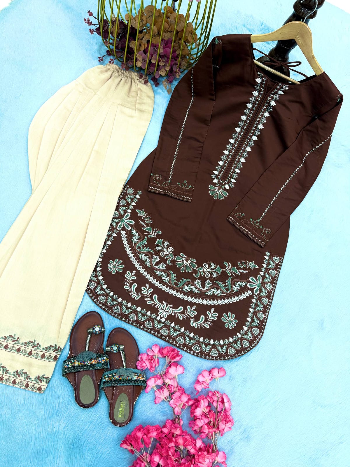 Designer Party Wear Look Roman Silk & Farshi Palazzo Set