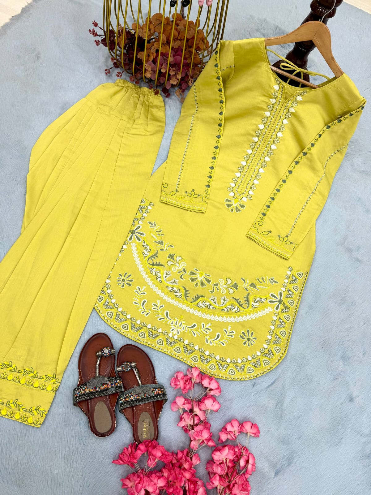 Designer Party Wear Look Roman Silk & Farshi Palazzo Set
