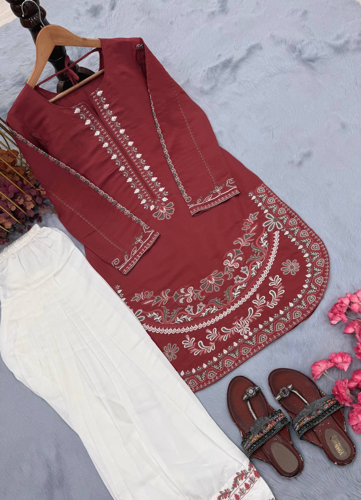 Designer Party Wear Look Roman Silk & Farshi Palazzo Set