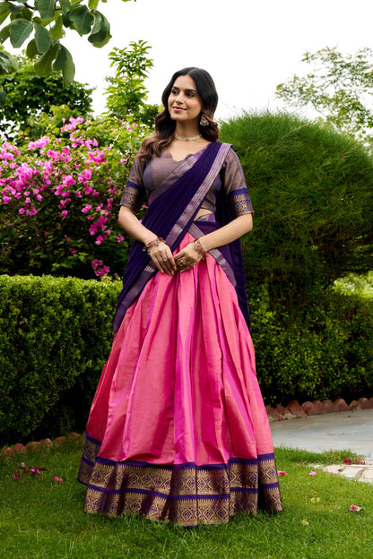 Pink & Purple South Indian Kanchipuram Half Saree Lehenga Choli Set