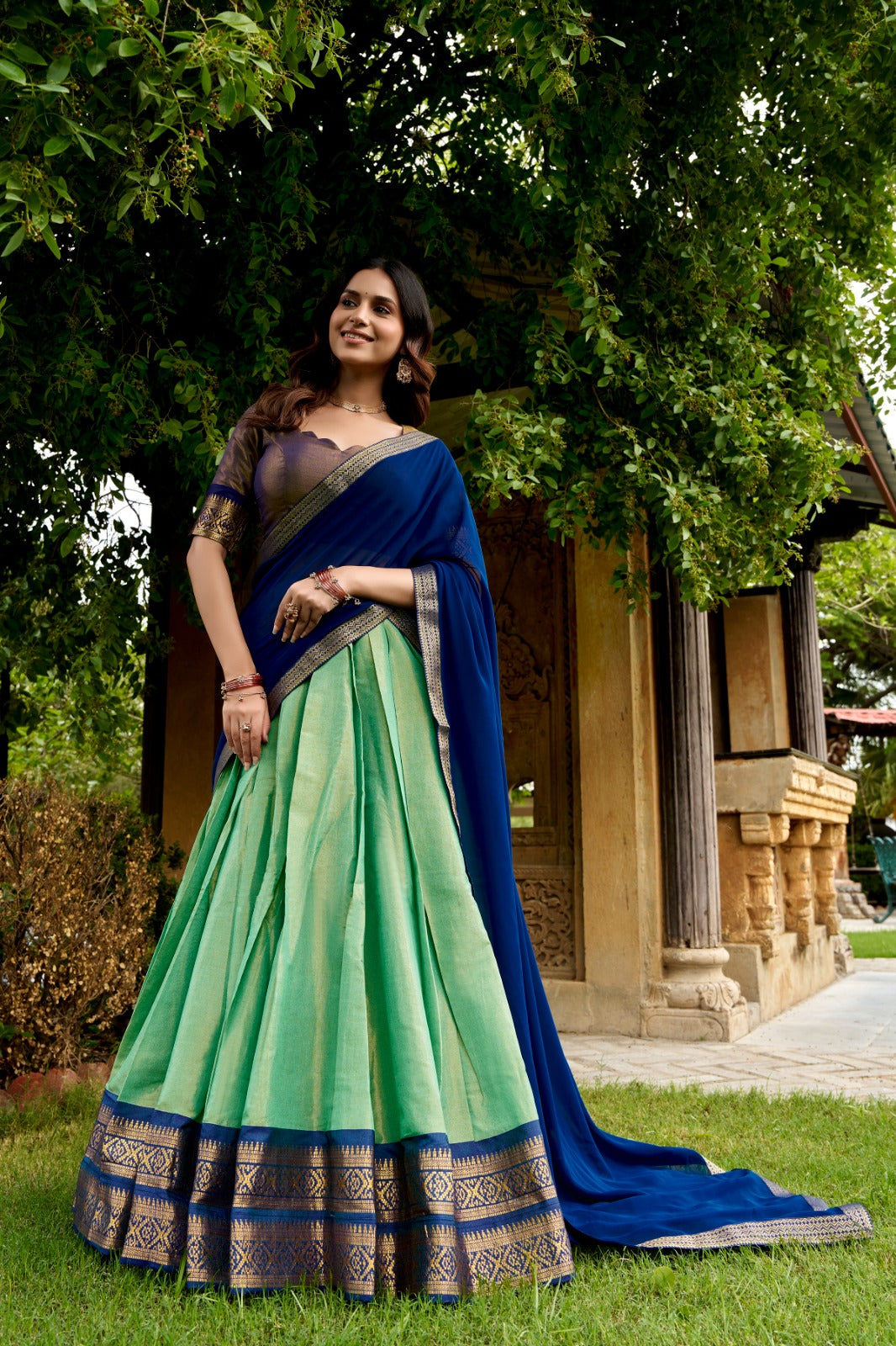 Sea Green & Royal Blue South Indian Kanchipuram Half Saree Lehenga Choli Set