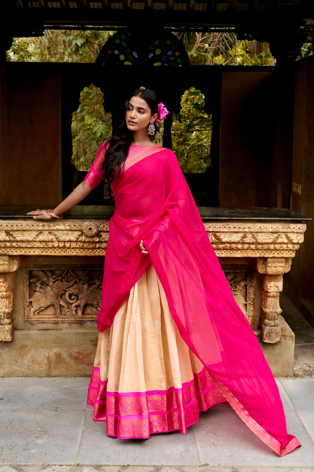 Beige Cream & Rani Pink South Indian Kanchipuram Half Saree Lehenga Choli Set