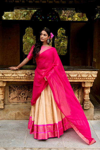 Beige Cream & Rani Pink South Indian Kanchipuram Half Saree Lehenga Choli Set