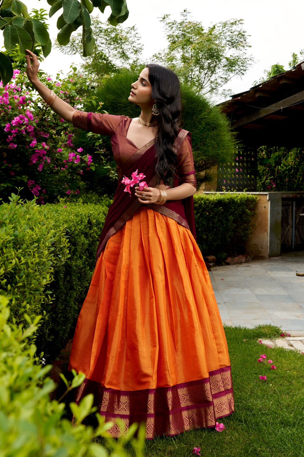 Rust Orange & Brown South Indian Kanchipuram Half Saree Lehenga Choli Set