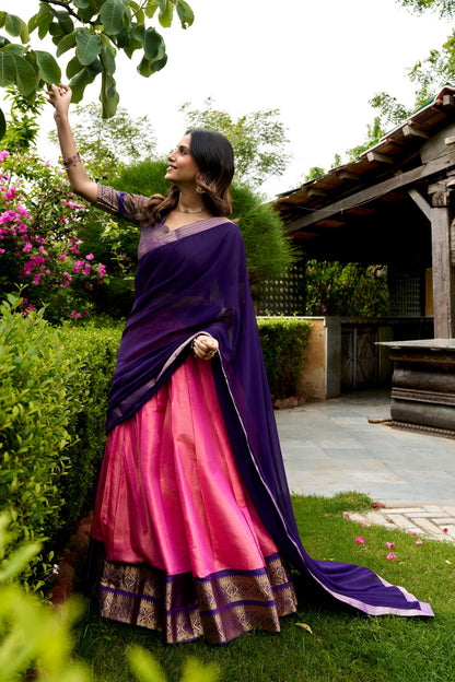 Pink & Purple South Indian Kanchipuram Half Saree Lehenga Choli Set