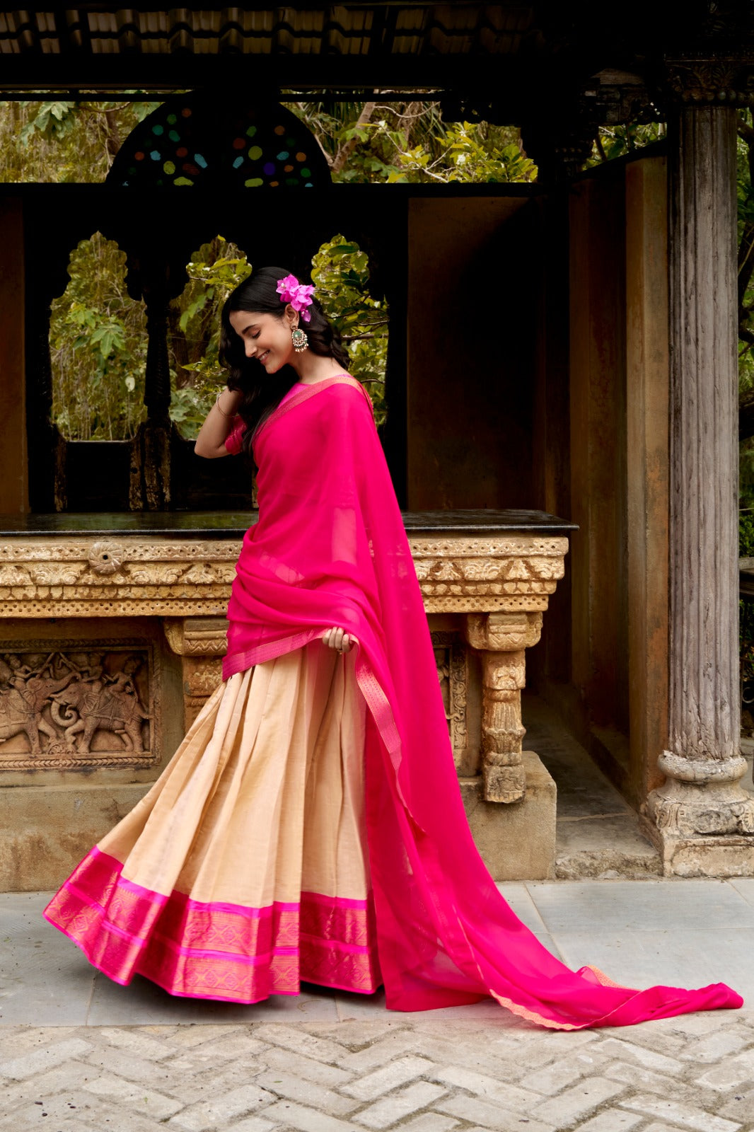 Beige Cream & Rani Pink South Indian Kanchipuram Half Saree Lehenga Choli Set