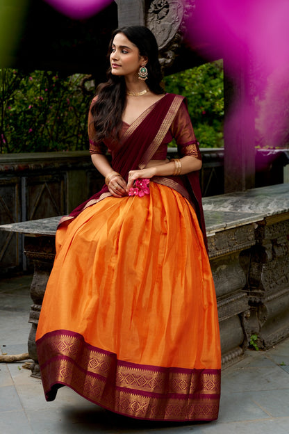 Rust Orange & Brown South Indian Kanchipuram Half Saree Lehenga Choli Set