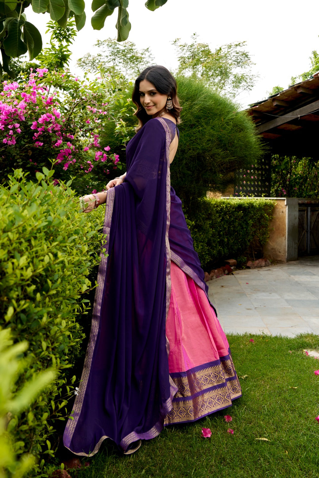 Pink & Purple South Indian Kanchipuram Half Saree Lehenga Choli Set
