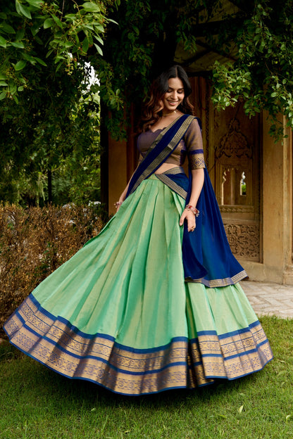 Sea Green & Royal Blue South Indian Kanchipuram Half Saree Lehenga Choli Set