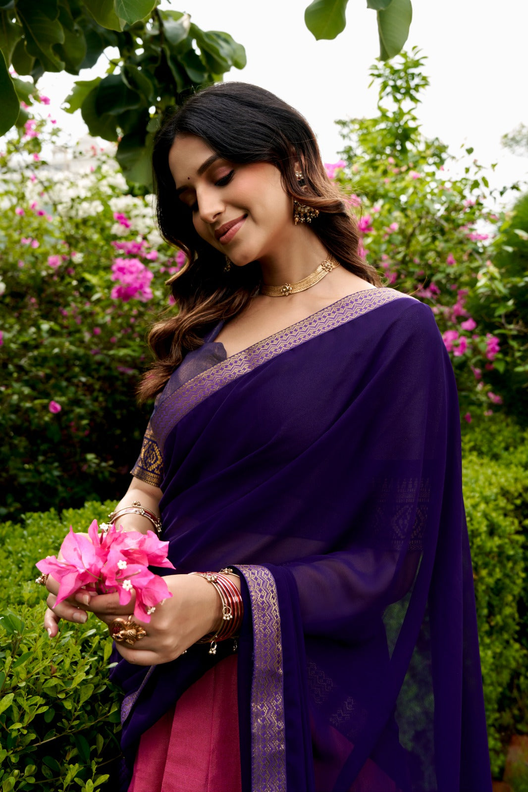 Pink & Purple South Indian Kanchipuram Half Saree Lehenga Choli Set