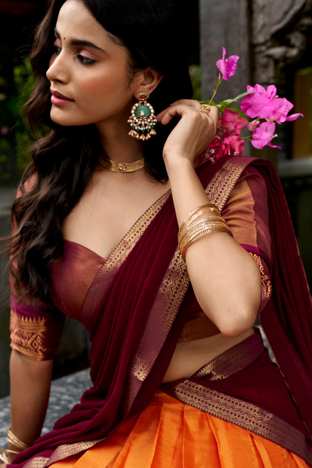 Rust Orange & Brown South Indian Kanchipuram Half Saree Lehenga Choli Set