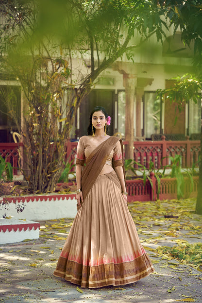 Beige & Brown South Indian Poly Dyeable Half Saree Lehenga Choli Set