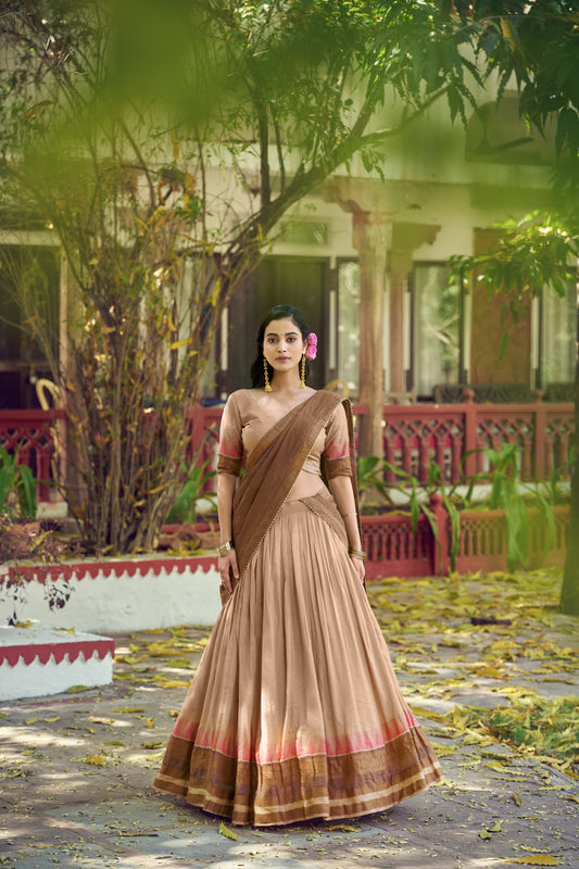 Beige & Brown South Indian Poly Dyeable Half Saree Lehenga Choli Set