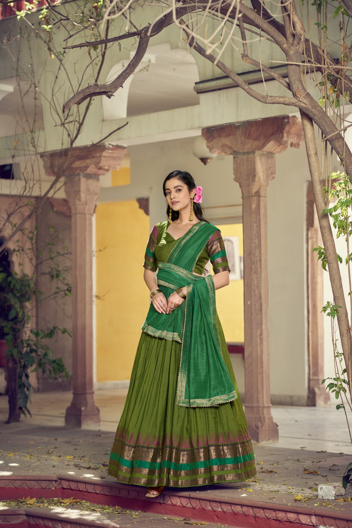 Parrot Green South Indian Poly Dyeable Half Saree Lehenga Choli Set