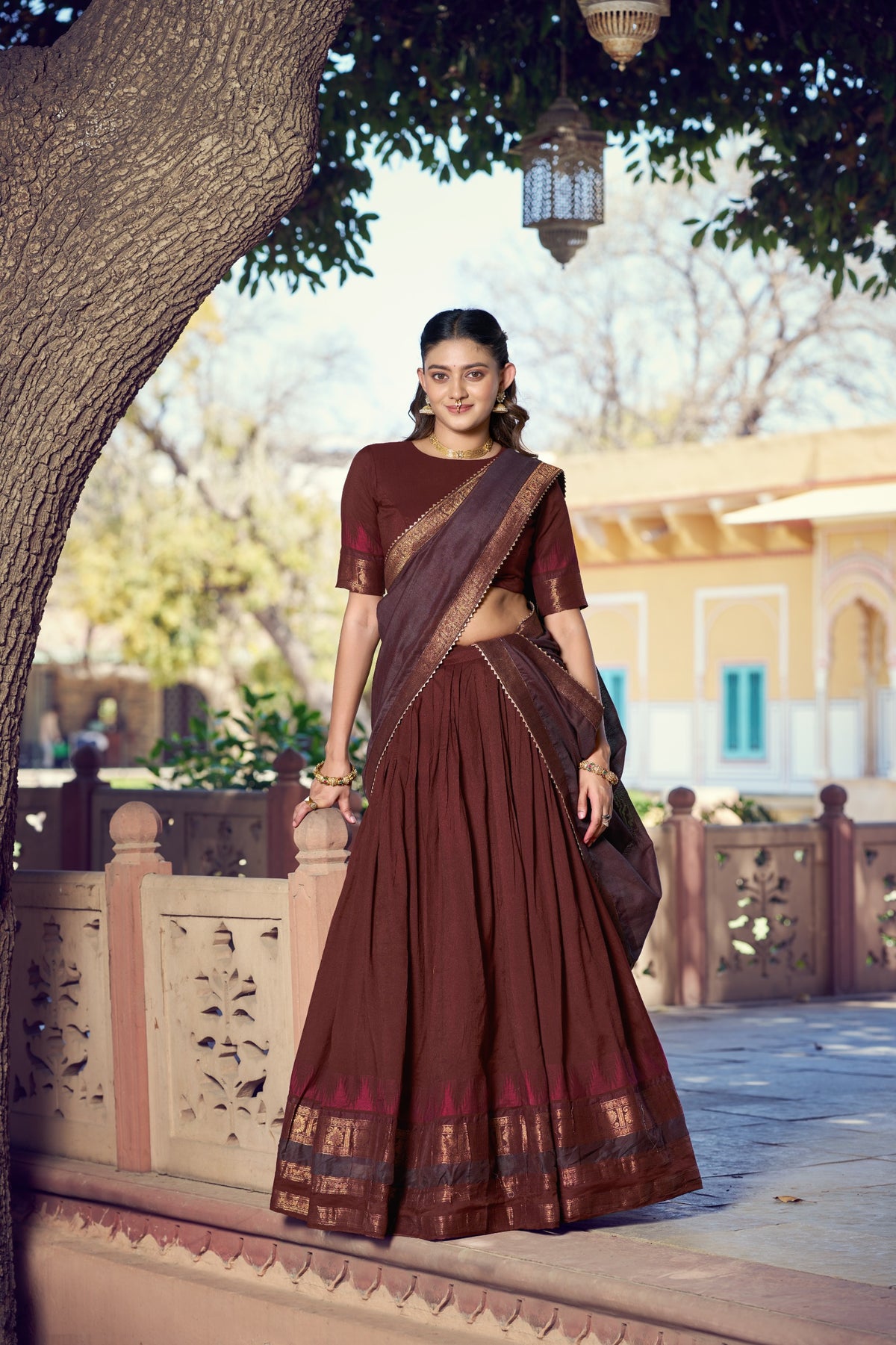 Maroon South Indian Poly Dyeable Half Saree Lehenga Choli Set