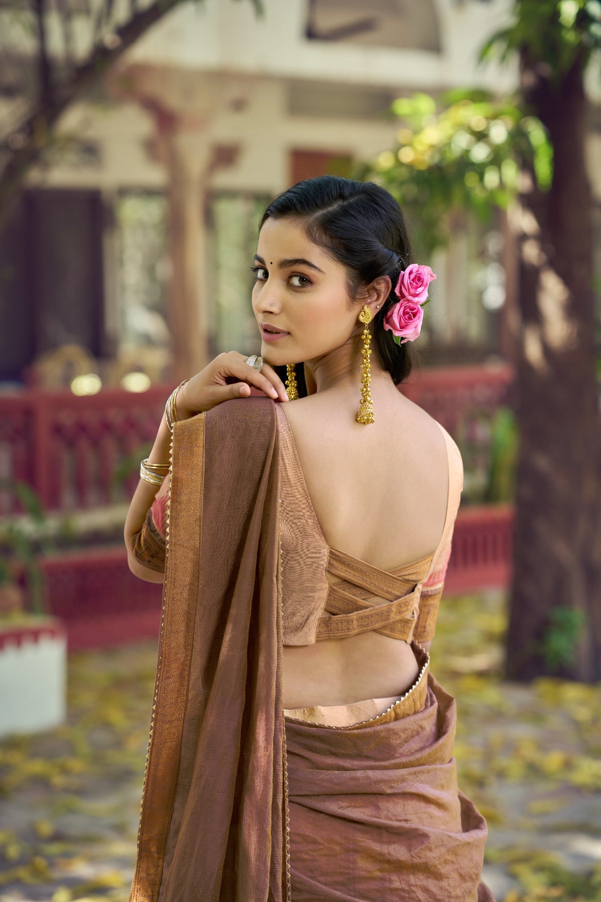 Beige & Brown South Indian Poly Dyeable Half Saree Lehenga Choli Set