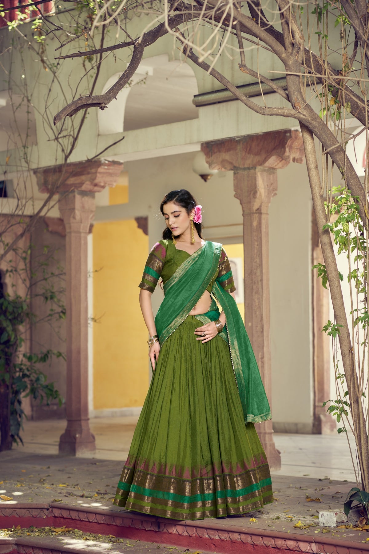 Parrot Green South Indian Poly Dyeable Half Saree Lehenga Choli Set