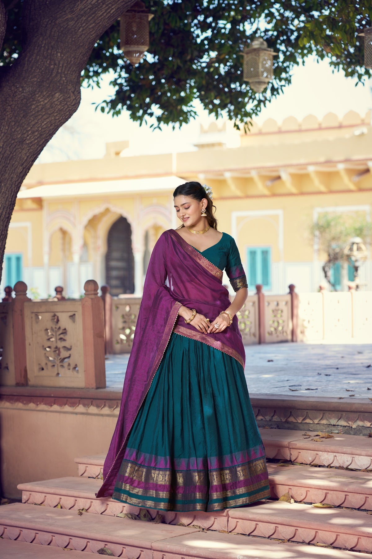 Rama Green & Wine Purple South Indian Poly Dyeable Half Saree Lehenga Choli Set