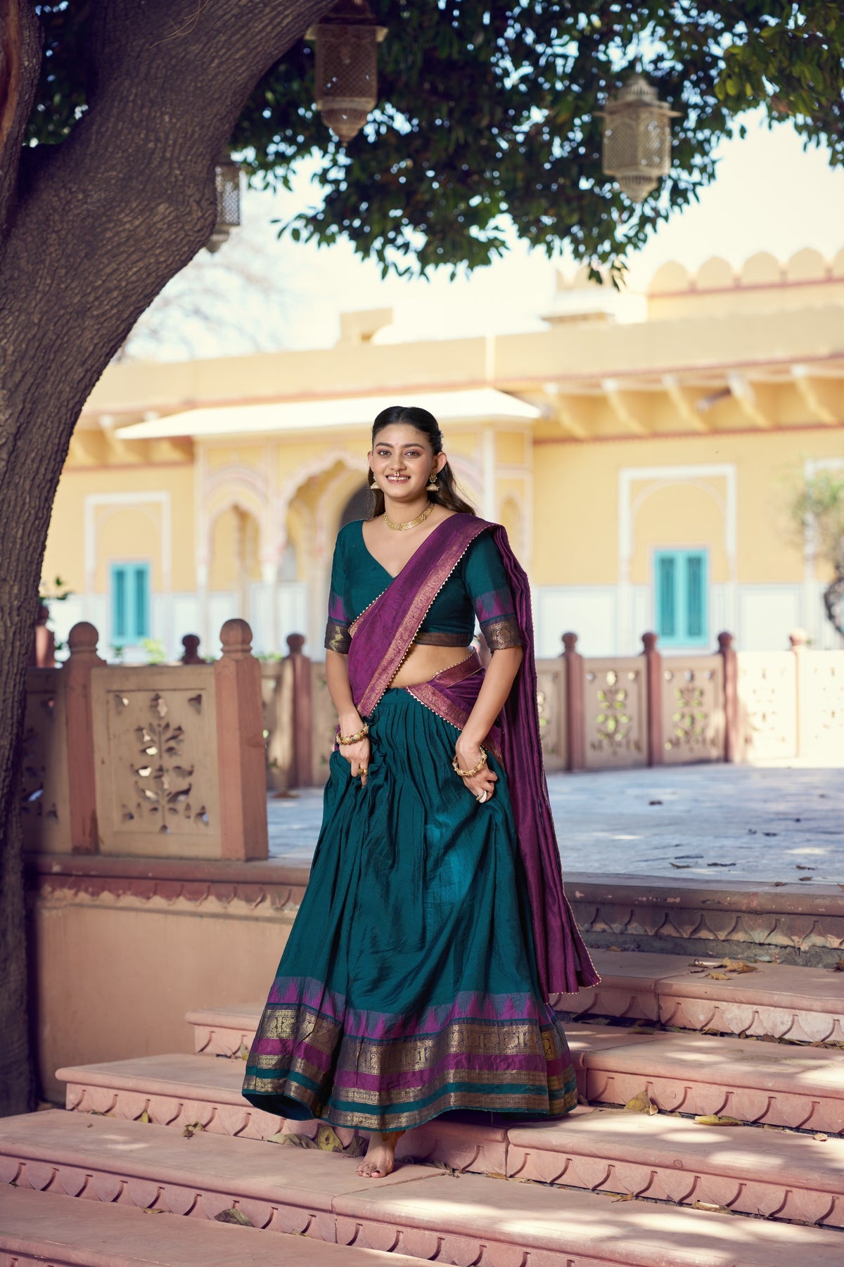 Rama Green & Wine Purple South Indian Poly Dyeable Half Saree Lehenga Choli Set