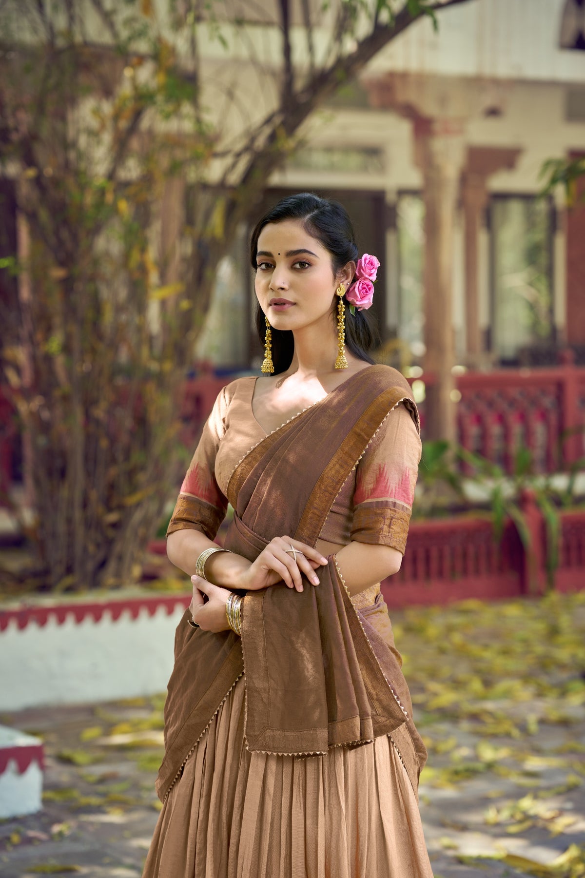Beige & Brown South Indian Poly Dyeable Half Saree Lehenga Choli Set